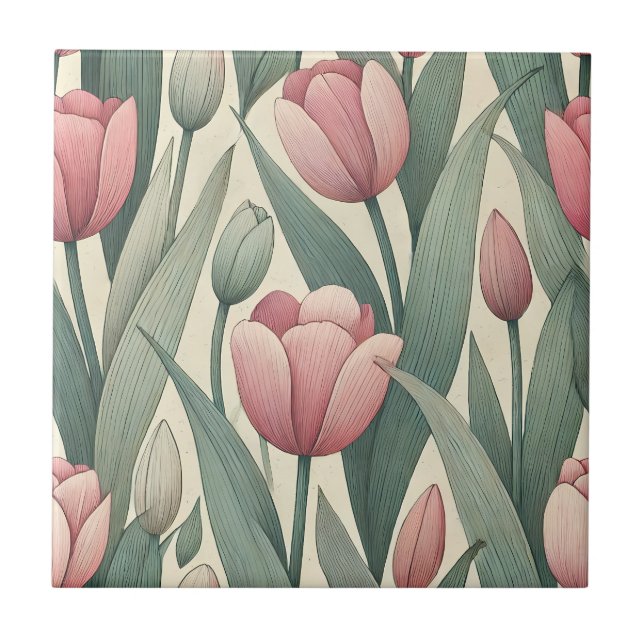 Pastel Tulip Garden Mönster Illustration Kakelplatta (Framsidan)