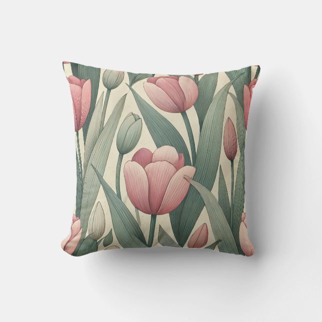 Pastel Tulip Garden Mönster Illustration Kudde (Framsida)