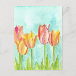 Pastel Tulip Watercolor Flowers Soft Rosa Vykort