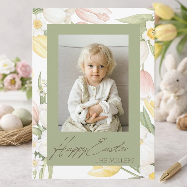 Pastel Tulips & Daffodils Happy Easter Photo Card Julkort (Skapare uppladdad)