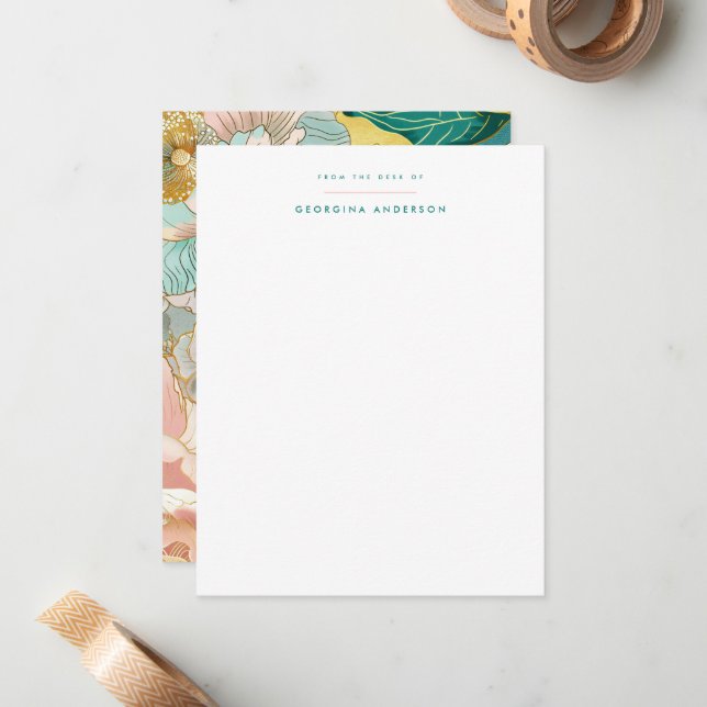 Pastel Turcos Blommigt Personal Stationery Anteckningskort (Fram/Back In Situ)