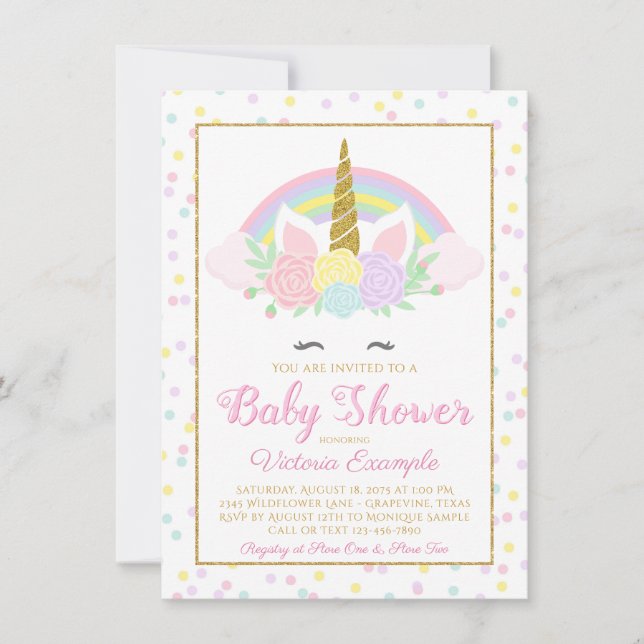 Pastel Unicorn Ansikte Rainbow Baby Shower-inbjuda Inbjudningar (Framsida)