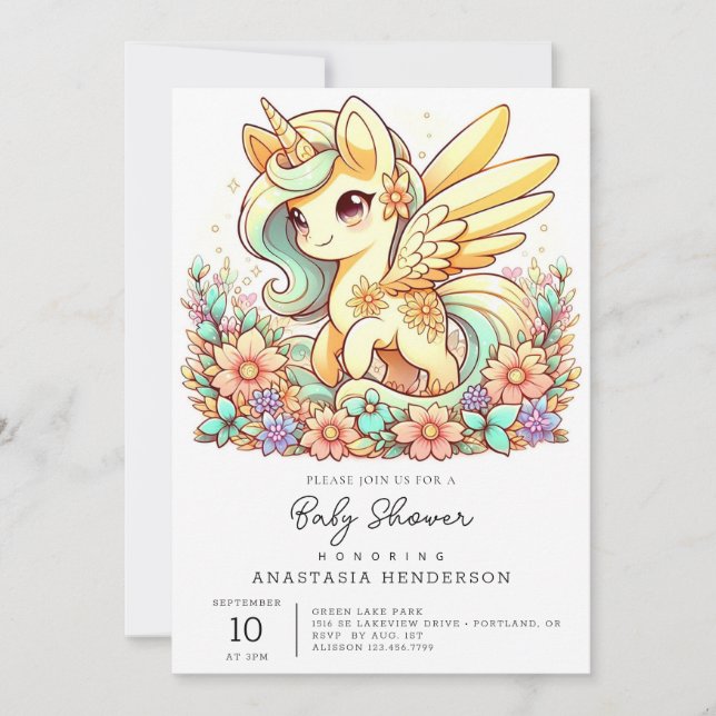 Pastel Unicorn Baby Shower Inbjudningar (Framsida)