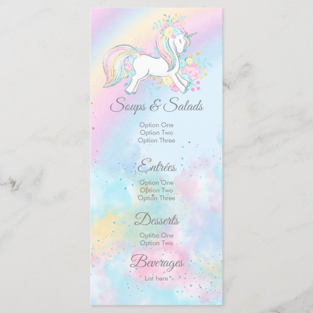 Pastel Unicorn Baby Shower Menus Meny (Framsida)