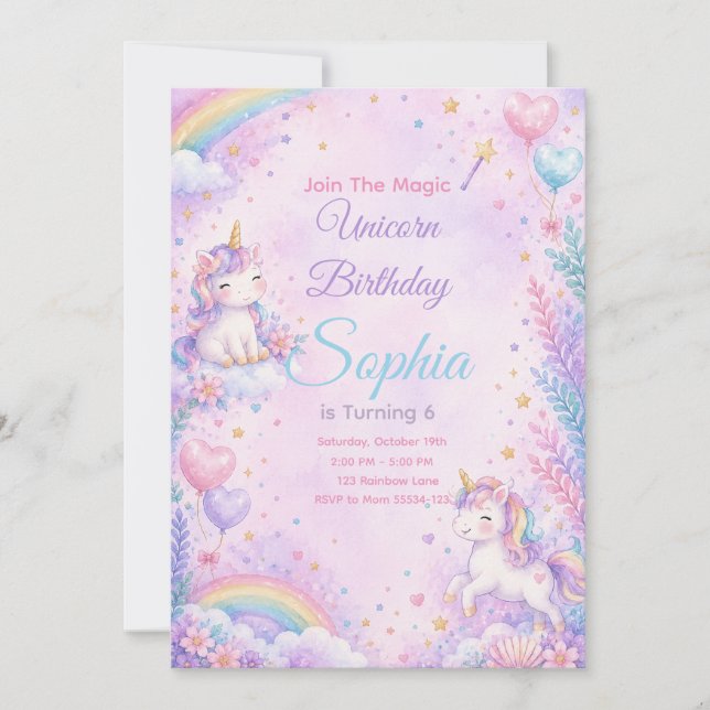 Pastel Unicorn Birthday Invitation Editable Inbjudningar (Framsida)