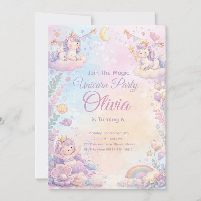 Pastel Unicorn Birthday Invitation Editable Inbjudningar (Framsida)