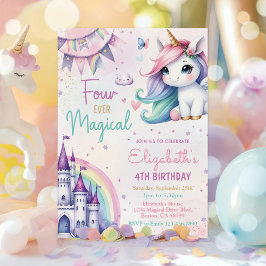 Pastel Unicorn Fyra gånger magiska 4e födelsedagen Inbjudningar