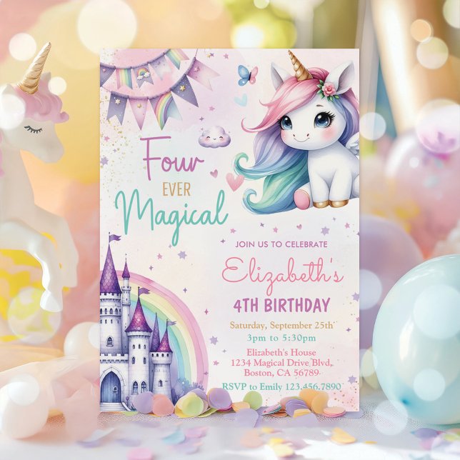 Pastel Unicorn Fyra gånger magiska 4e födelsedagen Inbjudningar (Skapare uppladdad)