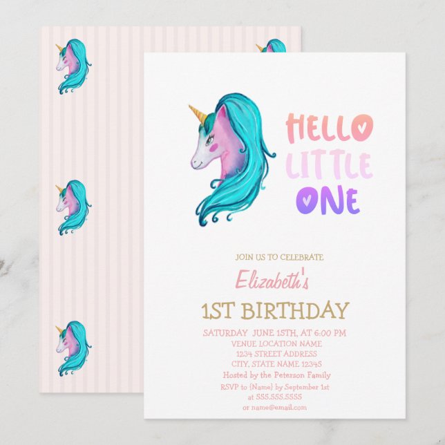 Pastel Unicorn Hej Little One Birthday Inbjudningar (Fram/baksida)