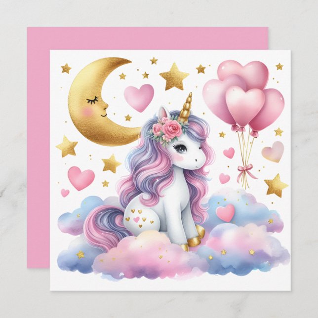 Pastel Unicorn Inbjudningar (Fram/baksida)