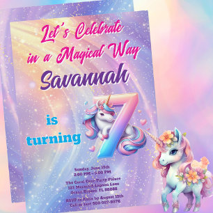 Pastel Unicorn Magic 7:e Födelsedagsfest Inbjudningar