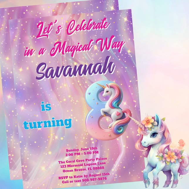 Pastel Unicorn Magic 8th Födelsedagsfest Inbjudningar (Magical Unicorn Birthday Party Invitation)