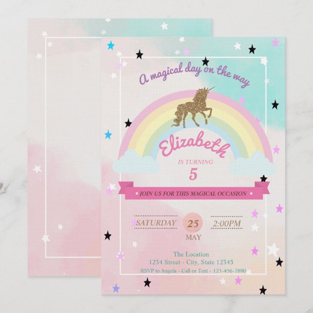 Pastel, Unicorn,Rainbow Stars Birthday-inbjudan Inbjudningar (Fram/baksida)