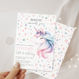 Pastel Unicorn Rinbow färg födelsedflicka Inbjudningar