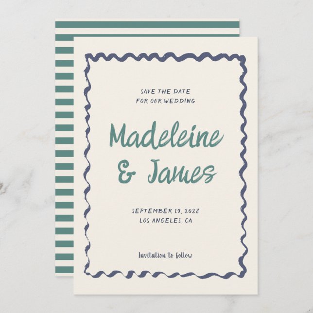 Pastel Vågigt Ram Retro Bröllop Spara Datumet (Fram/baksida)