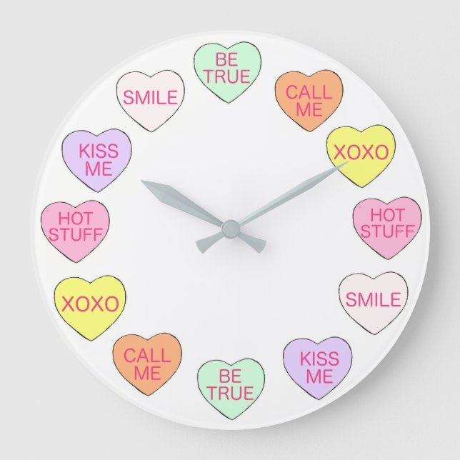 Pastel Valentines dags Candy Conversation Hearts Stor Klocka (Framsida)