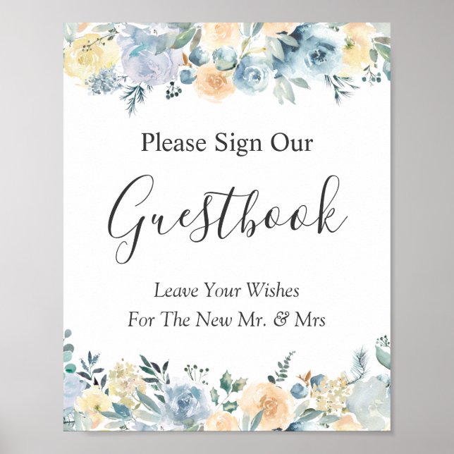 Pastel Vanilla Blue Blommigt Bröllop Guestbook-tec Poster (Framsidan)