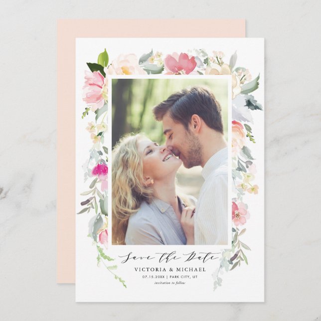 Pastel Vår Blommigt Blooms Ram Photo Spara Datumet (Fram/baksida)