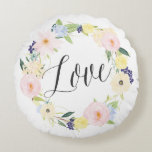 Pastel Vår Blommigt Utandning | Rund Pillow kärlek Rund Kudde<br><div class="desc">Vitkuddar med vattenfärgade pastellblommor och modern kalligrafi.</div>