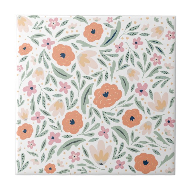 Pastel Vår Blommönster Kakelplatta (Framsidan)