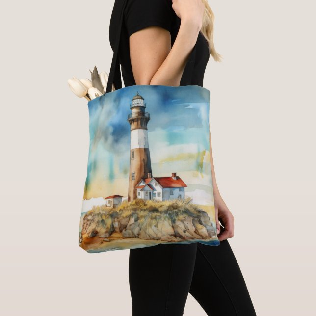 PASTEL VATTENFÄRGSOMMER LIGHTHUSE PÅ BEACH TYGKASSE (Närbild)