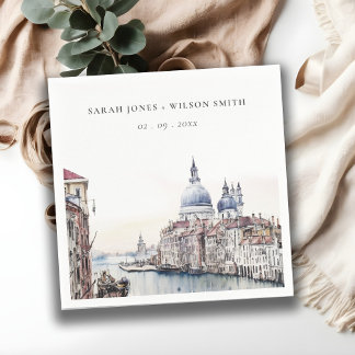 Pastel Venice Italien Canals Watercolor Bröllop Pappersservett