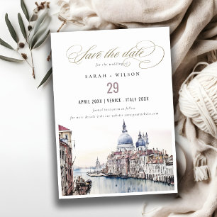 Pastel Venice Italien Canals Watercolor Bröllop Spara Datumet