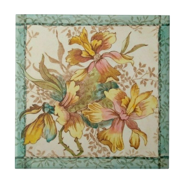 Pastel Victorian Hand Färgad Blommigt Reproduction Kakelplatta (Framsidan)