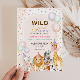 Pastel Vild Party Animals Balloon Girl Baby Shower Inbjudningar