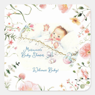 Pastel Vintage Flicka Baby Shower Fyrkantigt Klistermärke