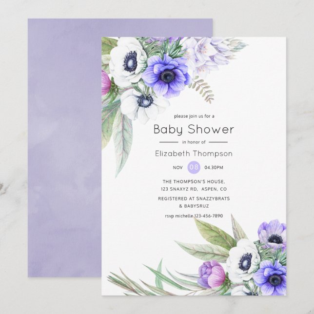 Pastel Violet and Plum Blommigt Baby Shower Inbjudningar (Fram/baksida)