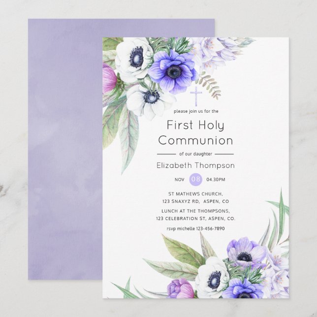 Pastel Violet and Plum Blommigt Heliga Communion Inbjudningar (Fram/baksida)
