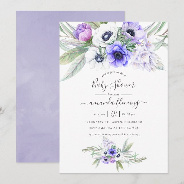 Pastel Violet Blommigt Baby Shower Inbjudningar (Fram/baksida)