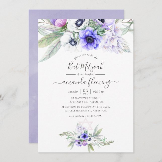 Pastel Violet Blommigt Bat mitzvah Inbjudningar (Fram/baksida)