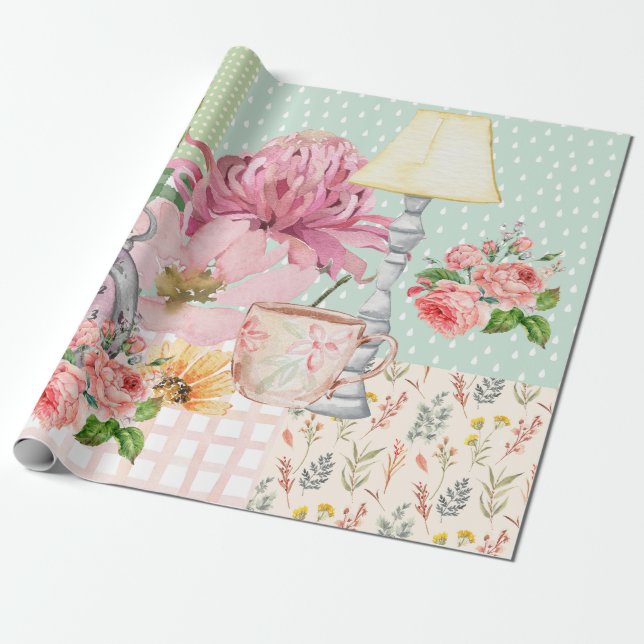 Pastel watercolor background Botanical Birthday Presentpapper (Utrullad)