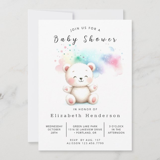 Pastel Watercolor Bear Baby Shower Inbjudningar (Framsida)