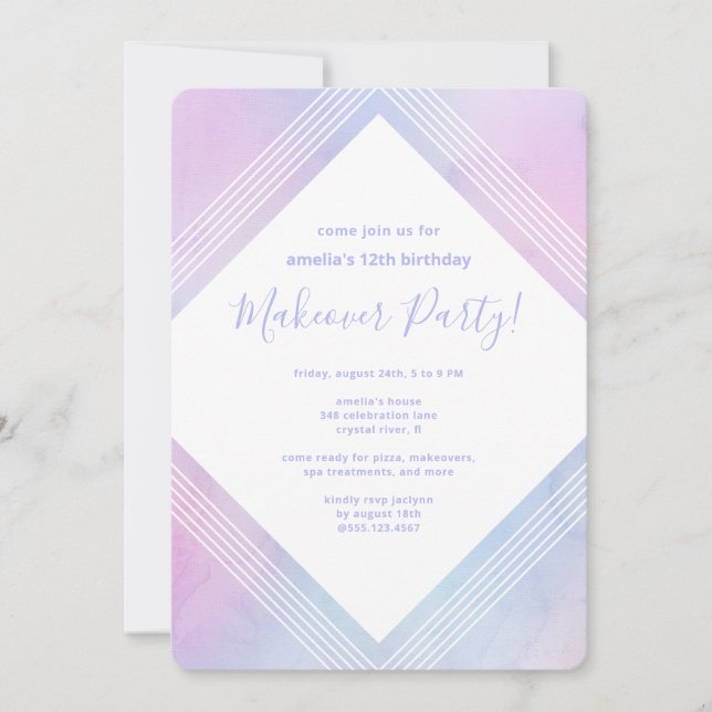 Pastel Watercolor Birthday Makover Party Lila Inbjudningar (Framsida)