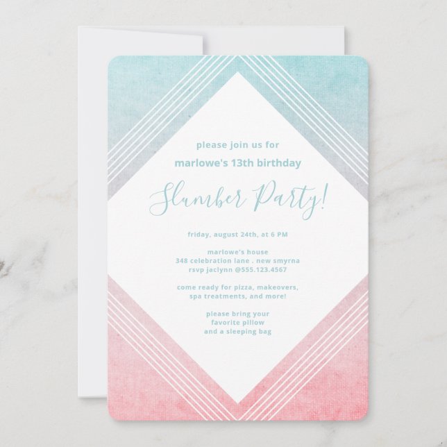 Pastel Watercolor Birthday Slumber Party Aqua Inbjudningar (Framsida)