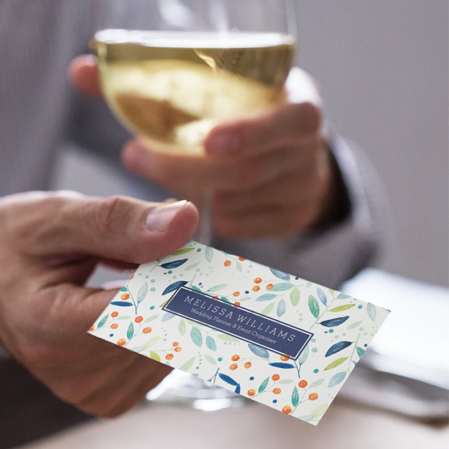 Pastel Watercolor Blad & Berries Mönster Visitkort (Skapare uppladdad)