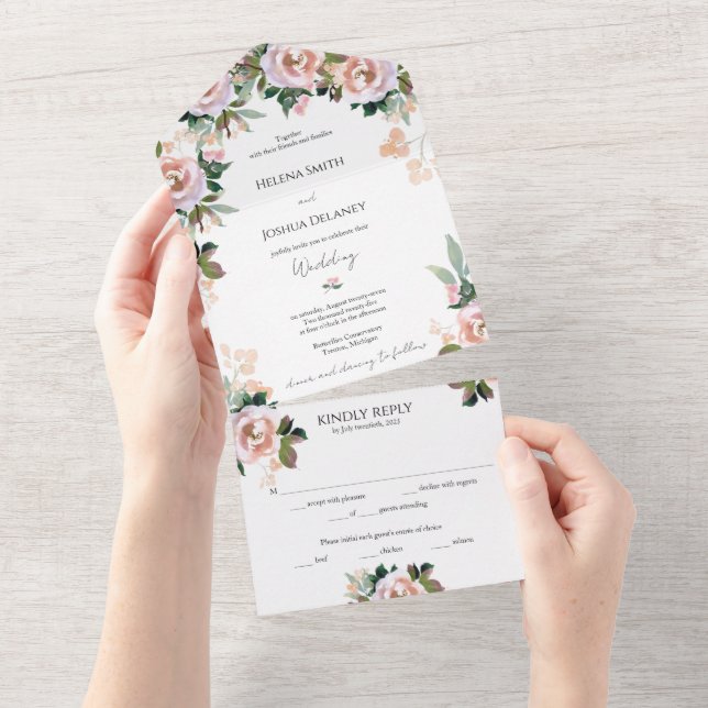 Pastel Watercolor Blommigt All-in-One-inbjudan (Avrivbar del)