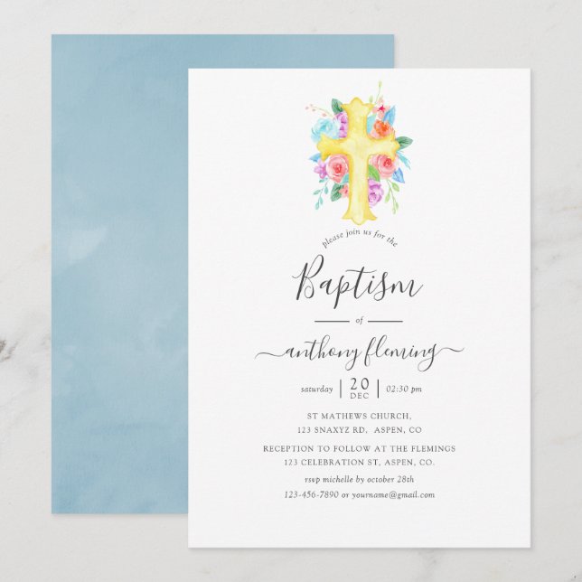 Pastel Watercolor Blommigt Boy Baptism/Christening Inbjudningar (Fram/baksida)