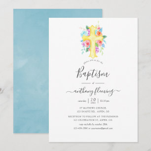 Pastel Watercolor Blommigt Boy Baptism/Christening Inbjudningar