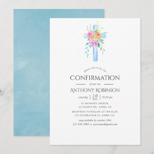 Pastel Watercolor Blommigt Boy Confirmation Inbjudningar