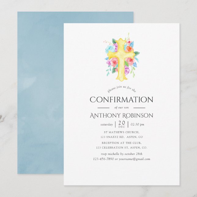 Pastel Watercolor Blommigt Boy Confirmation Inbjudningar (Fram/baksida)