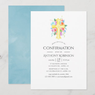 Pastel Watercolor Blommigt Boy Confirmation Inbjudningar