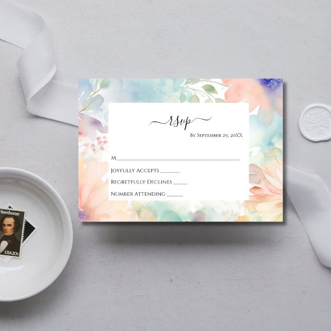 Pastel Watercolor Blommigt Elegant bröllop OSA kor Inbjudningar (Pastel Floral Watercolor Wedding RSVP card)