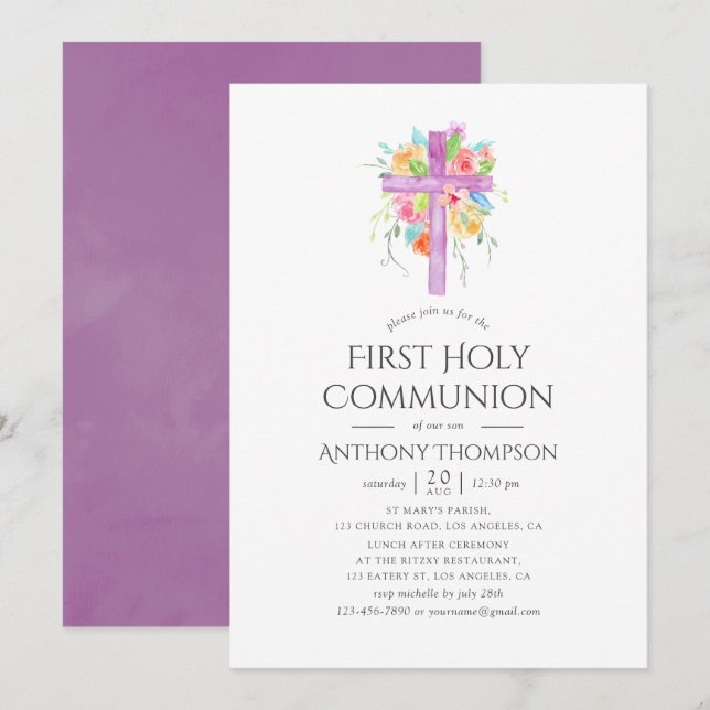 Pastel Watercolor Blommigt First Heliga Communion Inbjudningar (Fram/baksida)