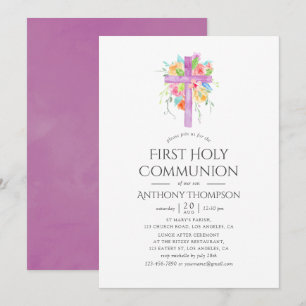 Pastel Watercolor Blommigt First Heliga Communion Inbjudningar