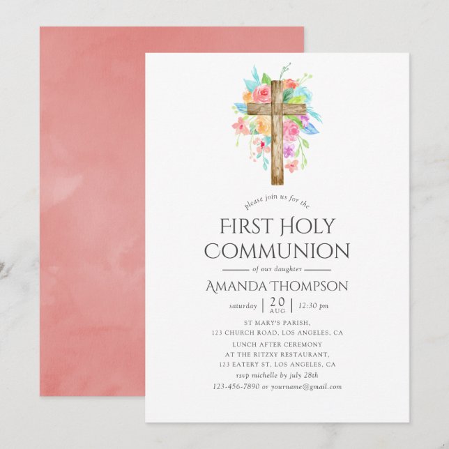 Pastel Watercolor Blommigt First Heliga Communion Inbjudningar (Fram/baksida)