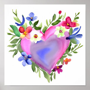 Pastel Watercolor Blommigt Hjärtat Utandning Poster